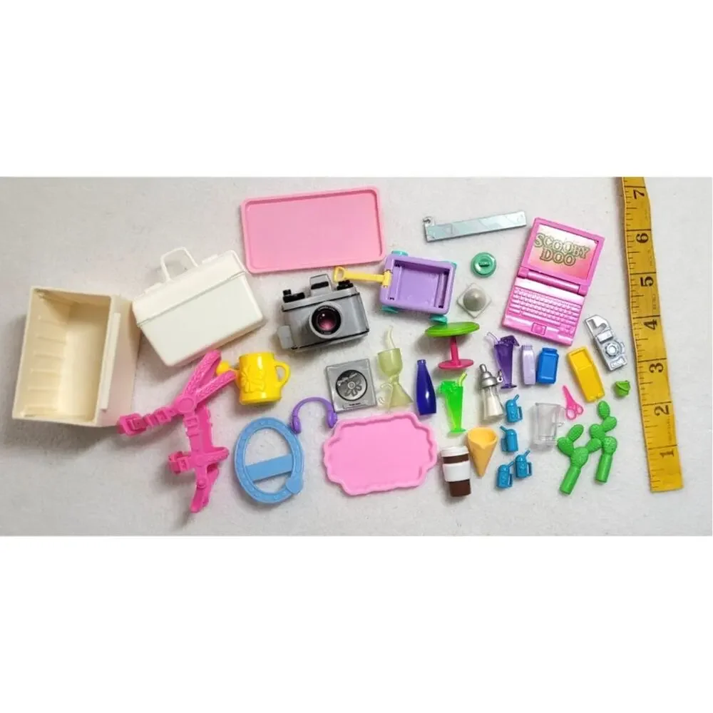 30+ Pc Barbie Dollhouse Accessories Lot Camera Frame Bag Drinks Computer Wagon